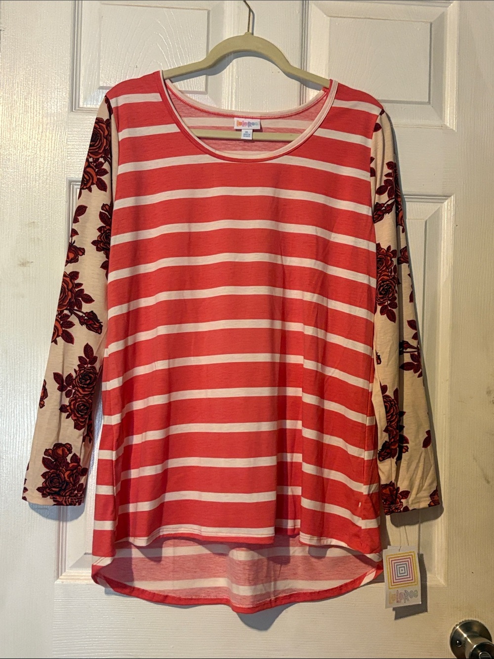 LuLaRoe Pink and White Striped Long Sleeve Top with Floral Sleeves